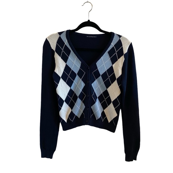 Brandy Melville Elizabeth Argyle Cardigan In Navy Blue & White - Picture 5 of 14